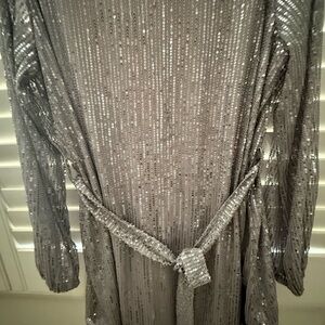 Silver Sequined Long Sleeve Dress with Tie Belt